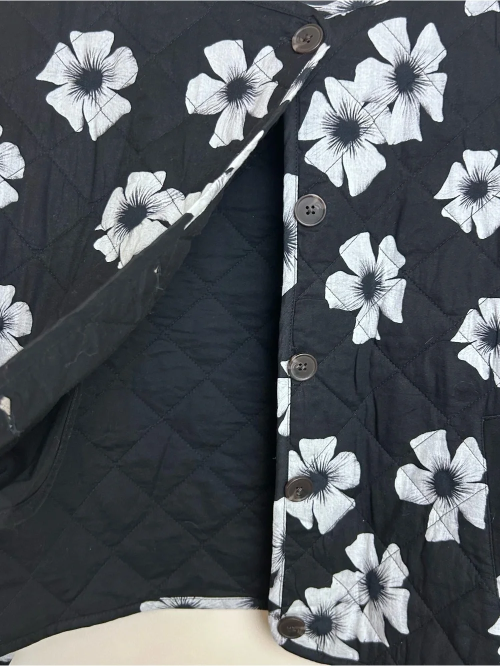 SCOOP Women’s XL Cotton Floral Print Quilted Jacket Black/White Floral NWT